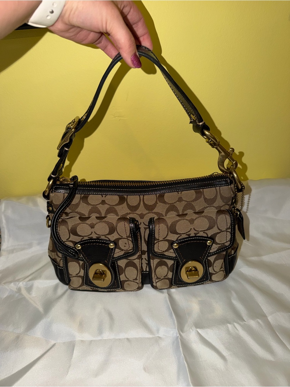 Coach Tan Signature Canvas Shoulder Bag with Black Trim and Gold Hardware